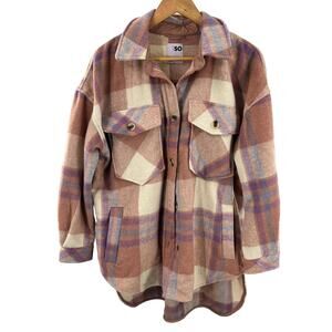 SO Plaid Oversized high low length Jacket shirt . Size small Blush Multicolor